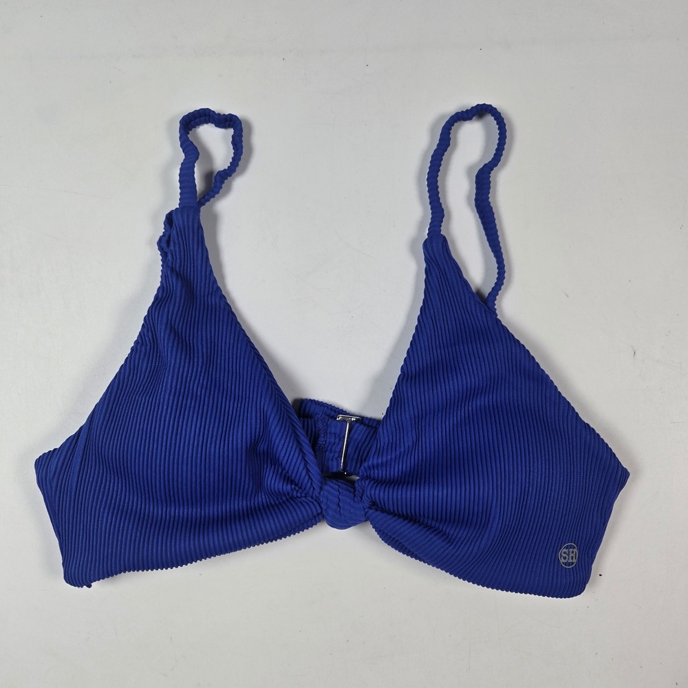 Salty Honey Bikini Top Women Medium Blue Ribbed Front Knot‎ Swimsuit